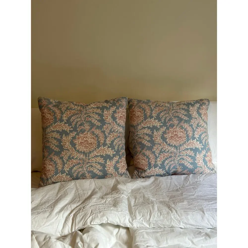Set of 2 New Blue & Rust Block Print Floral Throw Pillows 100% Cotton